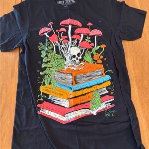 Black Graphic T-Shirt with Skull and Books Design